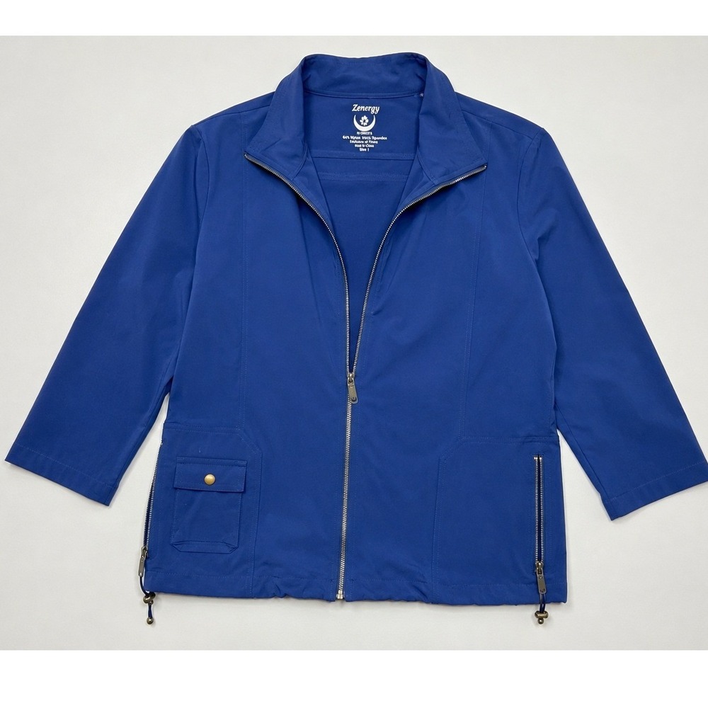 Zenergy by Chicos Blue Full Zip Utility Jacket Athleisure Mock Neck Size 2 L